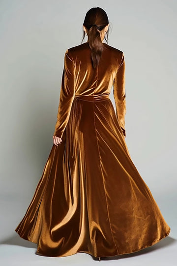 Brown Velvet A Line Ruched Long Formal Dress with Long Sleeves